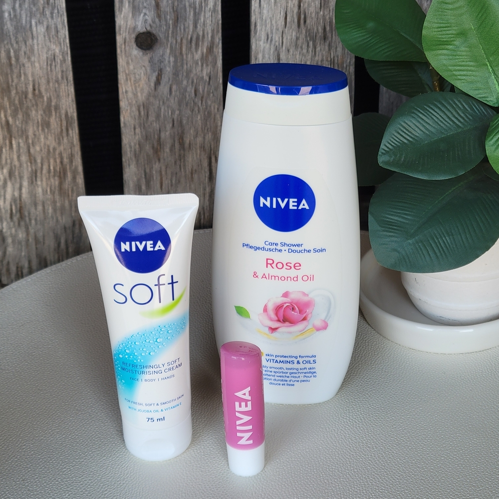 NIVEA trio set: rose & almond oil shower cream, moisturizer & lip balm
